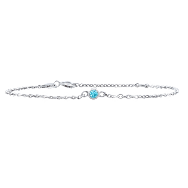Diamond or Gemstone Round Bezel Charm in 14K White Diamond Cut Cable Bracelet