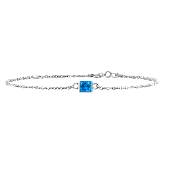 Diamond or Gemstone Square Bezel Charm in 14K White Diamond Cut Cable Bracelet