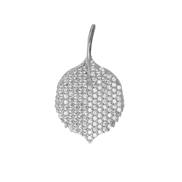 Round Leaf Charm in Sterling Silver with CZ's (27 x 16mm)