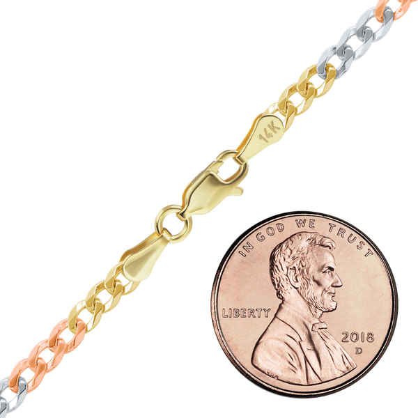 Finished Light Curb Anklet in 14K Tri-Color Gold (2.80 mm)