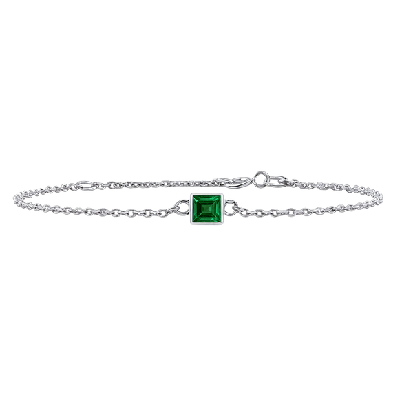 Diamond or Gemstone Square Bezel Charm in 14K White Round Cable Bracelet