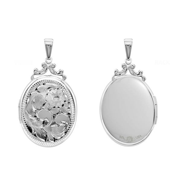 Hand Engraved Design Oval Locket in Sterling Silver with Optional Engraving (35 x 24 mm)