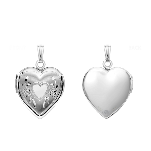 Hand Engraved Design Heart Locket in Sterling Silver with Optional Engraving (22 x 15 mm)