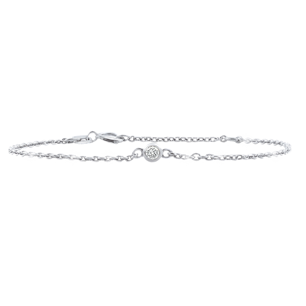 Diamond or Gemstone Round Bezel Charm in 14K White Diamond Cut Cable Bracelet