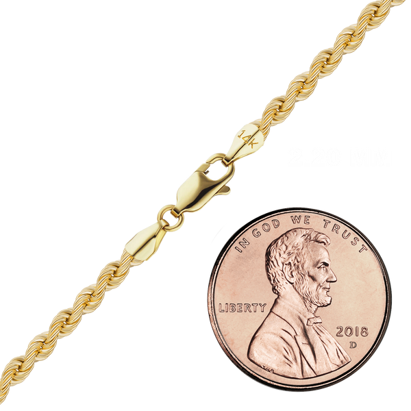 Finished Handmade Semi-Solid Rope Necklace in 14K Yellow Gold (2.20 mm - 4.20 mm)