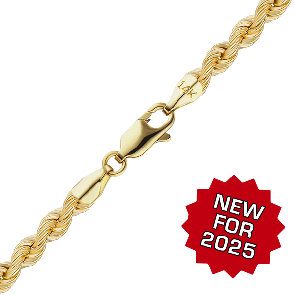 Finished Handmade Semi-Solid Rope Necklace in 14K Yellow Gold (2.20 mm - 4.20 mm)