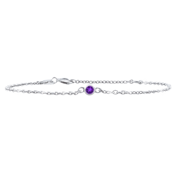 Diamond or Gemstone Round Bezel Charm in 14K White Diamond Cut Cable Bracelet