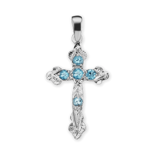 Sterling Silver Apostles Cross Pendant with Light Blue Cubic Zirconia (30 x 15 mm)