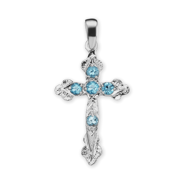 Sterling Silver Apostles Cross Pendant with Light Blue Cubic Zirconia (30 x 15 mm)
