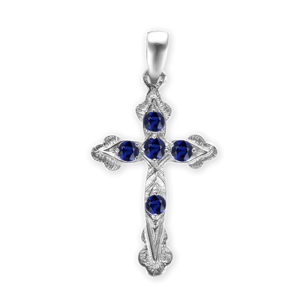 Sterling Silver Apostles Cross Pendant with Dark Blue Cubic Zirconia (30 x 15 mm)