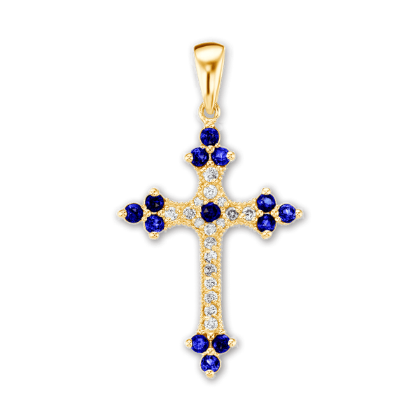 Sterling Silver Trinity Cross Pendant with Dark Blue Cubic Zirconia (38 x 22 mm)