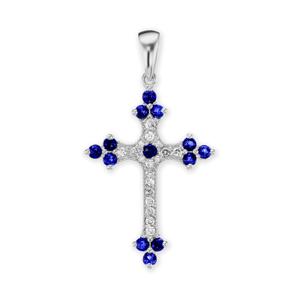 Sterling Silver Trinity Cross Pendant with Dark Blue Cubic Zirconia (38 x 22 mm)