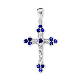 Sterling Silver Trinity Cross Pendant with Dark Blue Cubic Zirconia (38 x 22 mm)