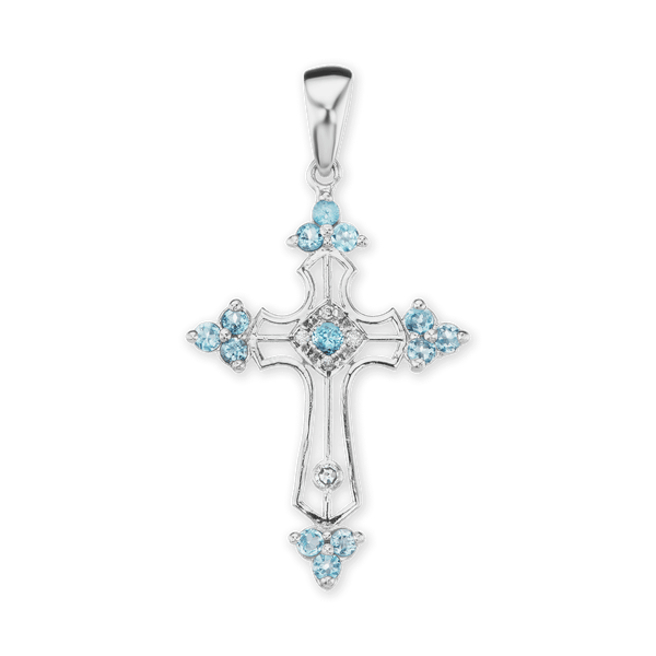 Sterling Silver Trinity Cross Pendant with Light Blue Cubic Zirconia (38 x 22 mm)