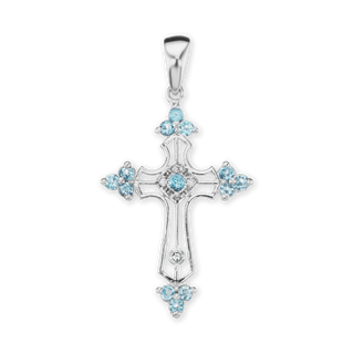 Sterling Silver Trinity Cross Pendant with Light Blue Cubic Zirconia (38 x 22 mm)