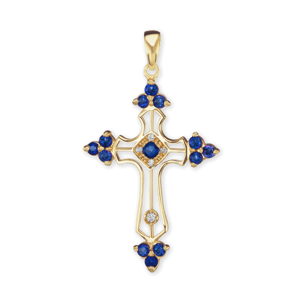 Sterling Silver Trinity Cross Pendant with Dark Blue Cubic Zirconia (38 x 22 mm)