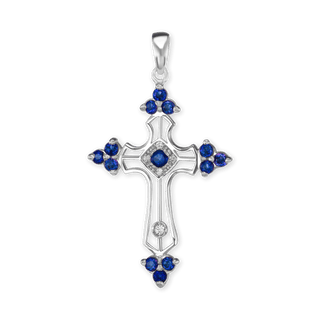 Sterling Silver Trinity Cross Pendant with Dark Blue Cubic Zirconia (38 x 22 mm)