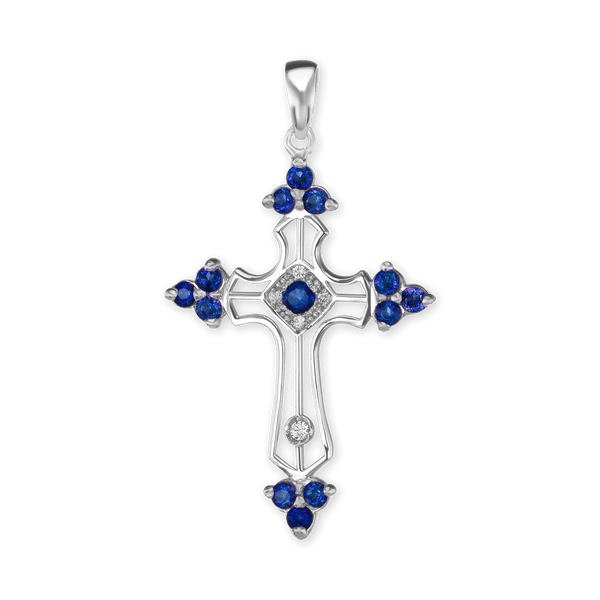 Sterling Silver Trinity Cross Pendant with Dark Blue Cubic Zirconia (38 x 22 mm)