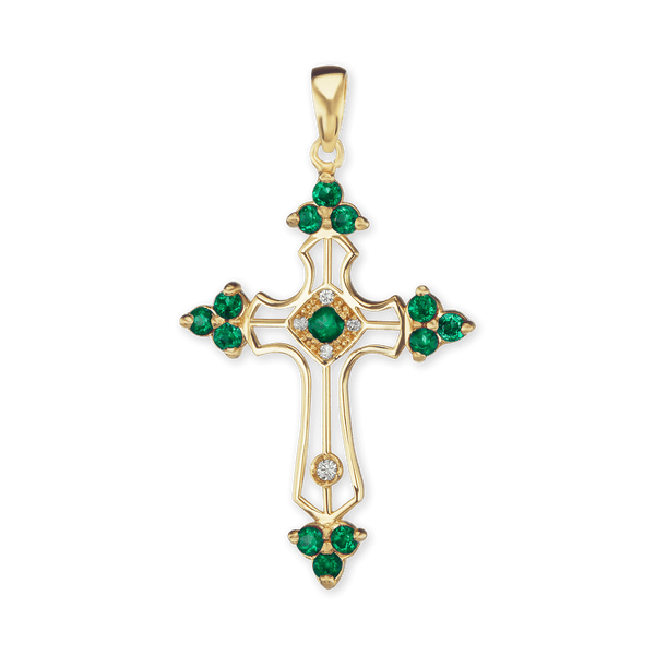 Sterling Silver Trinity Cross Pendant with Green Cubic Zirconia (38 x 22 mm)