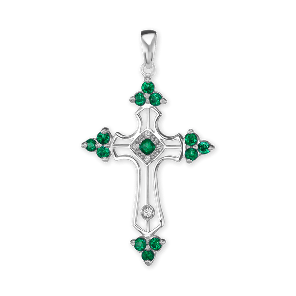 Sterling Silver Trinity Cross Pendant with Green Cubic Zirconia (38 x 22 mm)