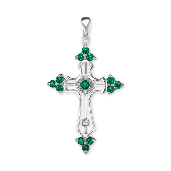 Sterling Silver Trinity Cross Pendant with Green Cubic Zirconia (38 x 22 mm)