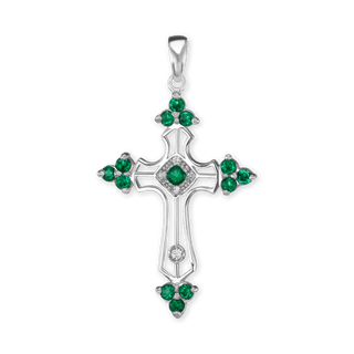 Sterling Silver Trinity Cross Pendant with Green Cubic Zirconia (38 x 22 mm)