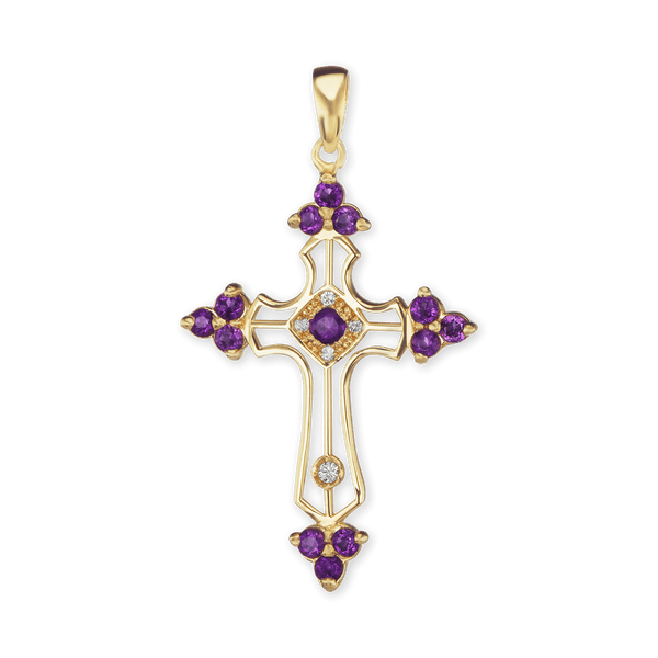 Sterling Silver Trinity Cross Pendant with Purple Cubic Zirconia (38 x 22 mm)