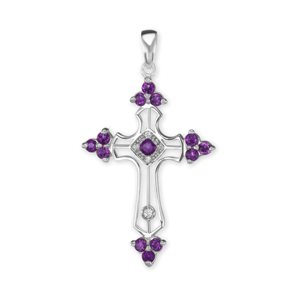 Sterling Silver Trinity Cross Pendant with Purple Cubic Zirconia (38 x 22 mm)