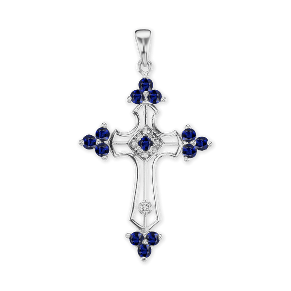 Sterling Silver Trinity Cross Pendant with Dark Blue Cubic Zirconia (51 x 29 mm)