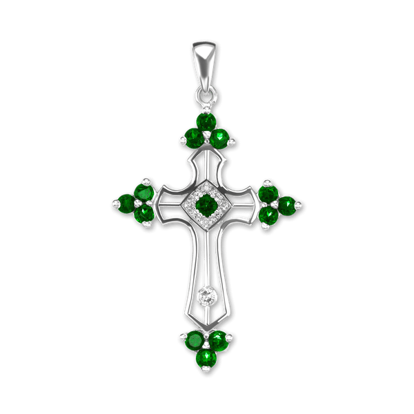 Sterling Silver Trinity Cross Pendant with Green Cubic Zirconia (51 x 29 mm)
