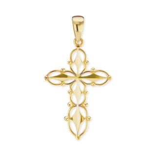 14K Gold Filigree Cross Pendant with Beaded Design (39 x 21 mm)