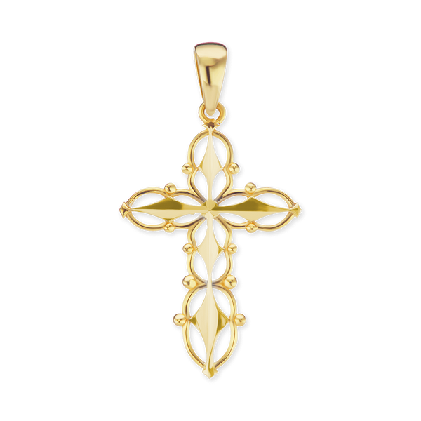 14K Gold Filigree Cross Pendant with Beaded Design (39 x 21 mm)