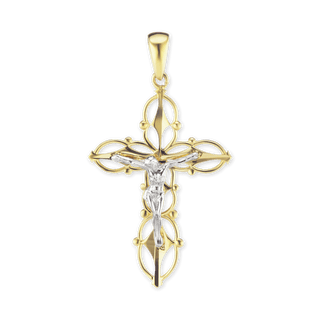 14K Two Tone Gold Filigree Crucifix Pendant with Beaded Detail (44 x 25 mm)