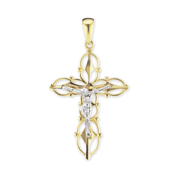 14K Two Tone Gold Filigree Crucifix Pendant with Beaded Detail (44 x 25 mm)