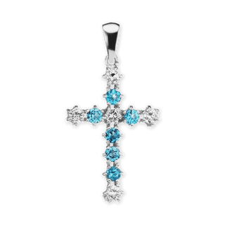 14K White Gold Contemporary Cross Pendant with Diamonds and Blue Topaz Stones (39 x 20 mm)