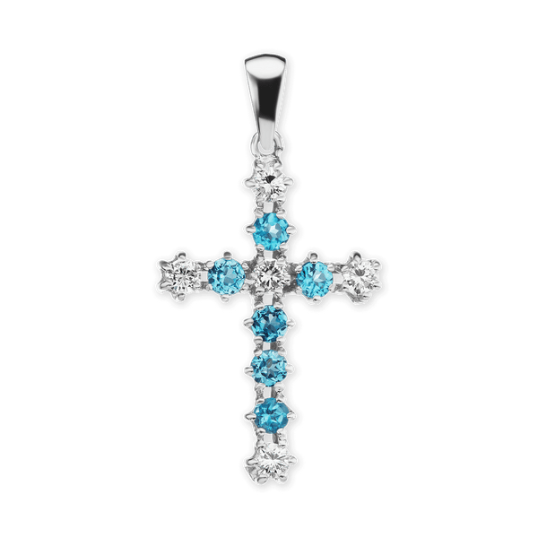 14K White Gold Contemporary Cross Pendant with Diamonds and Blue Topaz Stones (39 x 20 mm)