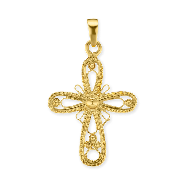 14K Gold Filigree Cross Pendant with Rope Detail (30 x 18 mm)