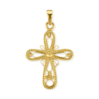 14K Gold Filigree Cross Pendant with Rope Detail (30 x 18 mm)