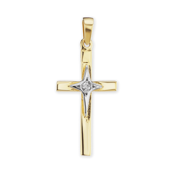 14K Gold Classic Cross Pendant with Diamond Accent (30 x 14 mm)