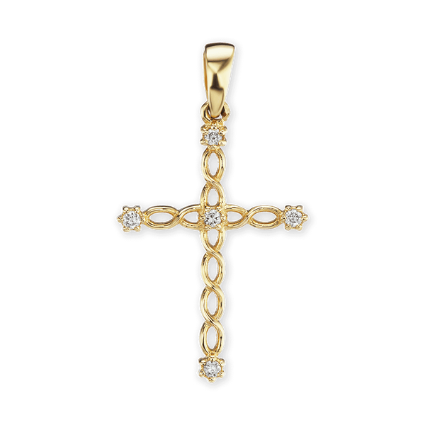 14K Gold Twisted Filigree Cross Pendant with Diamonds (29 x 16 mm)