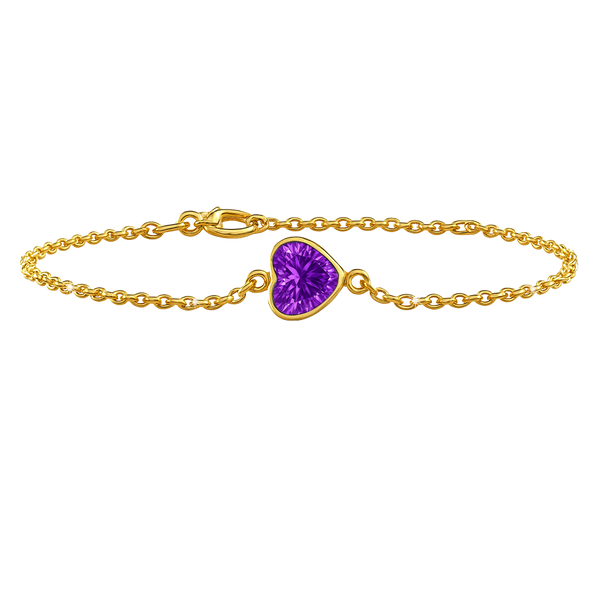 Diamond or Gemstone Heart Bezel Charm in 14K Yellow Diamond Cut Cable Bracelet