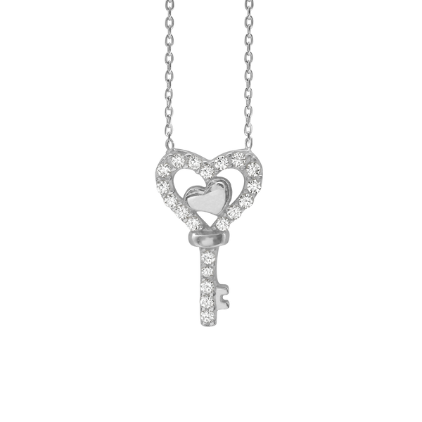 Key Necklace with Cubic Zirconia in Sterling Silver (20 x 11 mm)