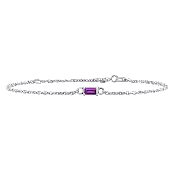 Diamond or Gemstone Baguette Bezel Charm in 14K White Round Cable Bracelet