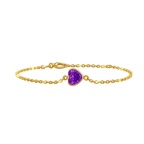 Diamond or Gemstone Heart Bezel Charm in 14K Yellow Diamond Cut Cable Bracelet