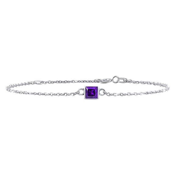 Diamond or Gemstone Square Bezel Charm in 14K White Diamond Cut Cable Bracelet