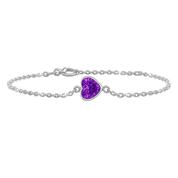 Diamond or Gemstone Heart Bezel Charm in 14K White Diamond Cut Cable Bracelet