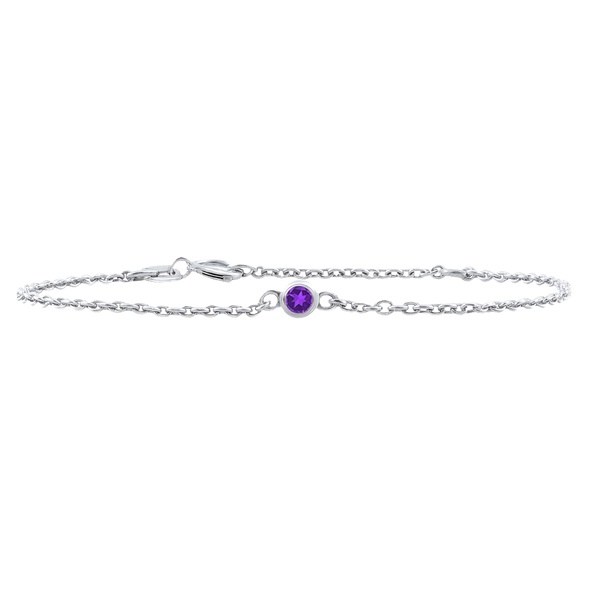 Diamond or Gemstone Round Bezel Charm in 14K White Diamond Cut Cable Bracelet
