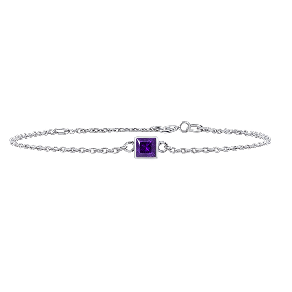 Diamond or Gemstone Square Bezel Charm in 14K White Round Cable Bracelet