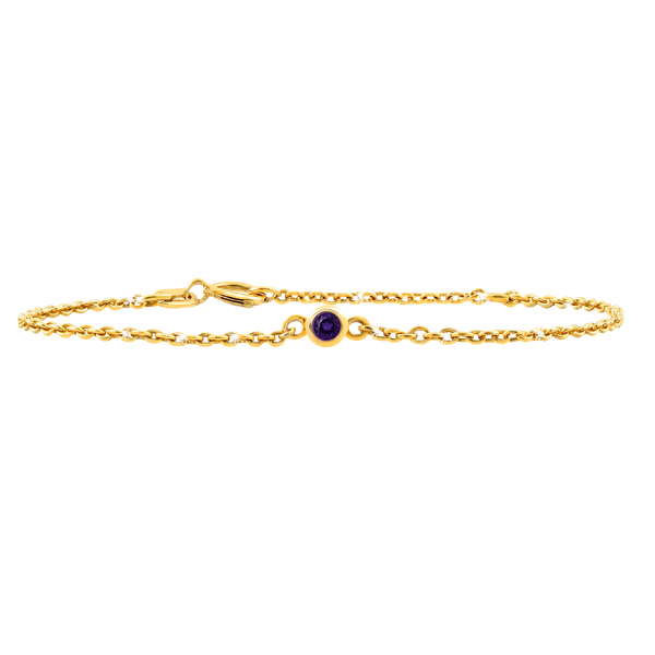 Diamond or Gemstone Round Bezel Charm in 14K Yellow Diamond Cut Cable Bracelet