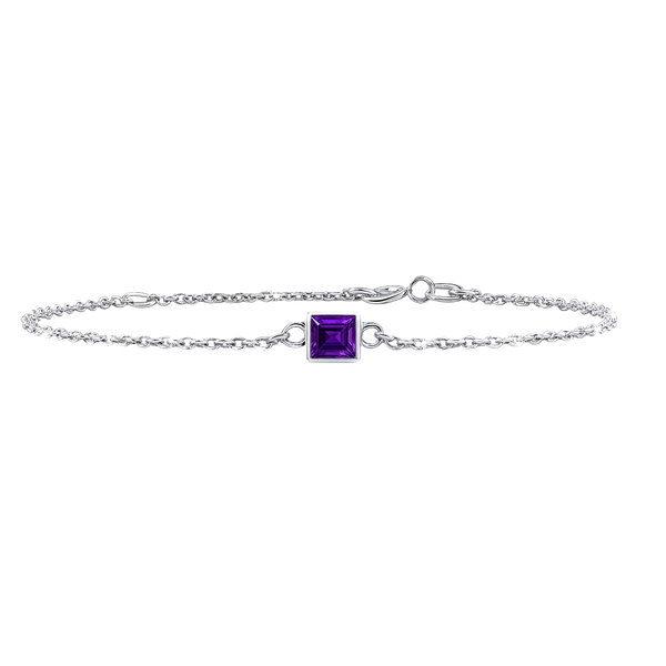 Diamond or Gemstone Square Bezel Charm in 14K White Diamond Cut Cable Bracelet